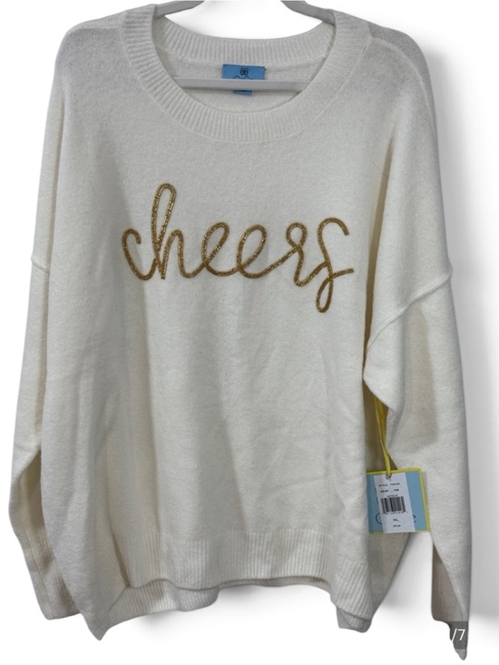 CeCe Sweaters - CeCe Cream Oversized Knit Crewneck Sweater w/ Beaded Gold 'cheers' Script - XL